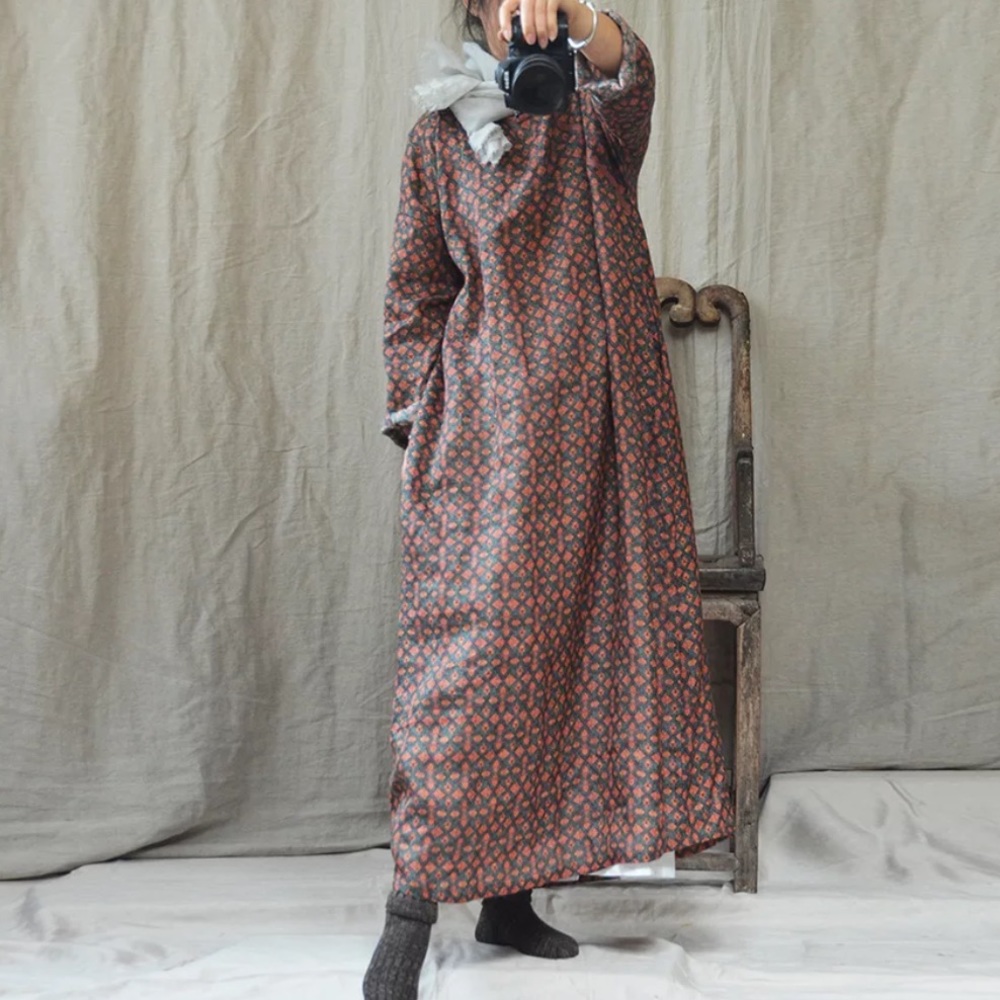 Oversized Dress linen printed dress rust &  green